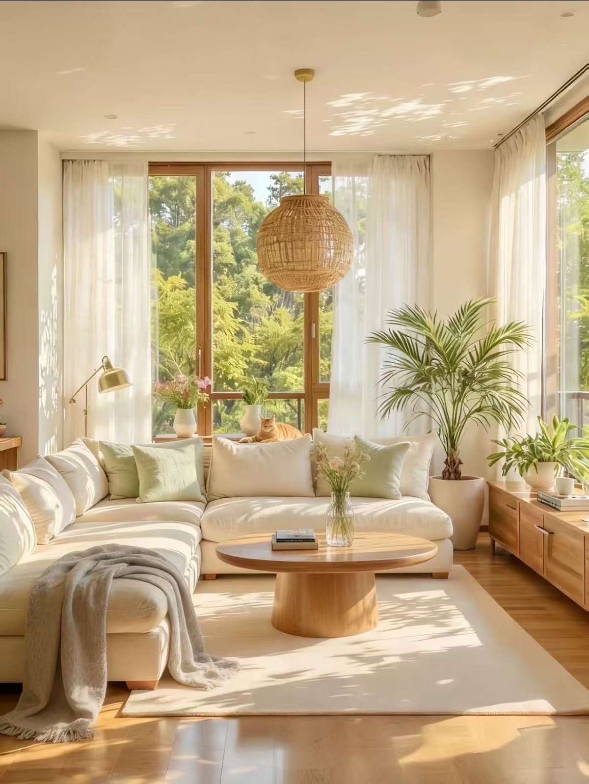 Sun-drenched organic modern living room with woven pendant light