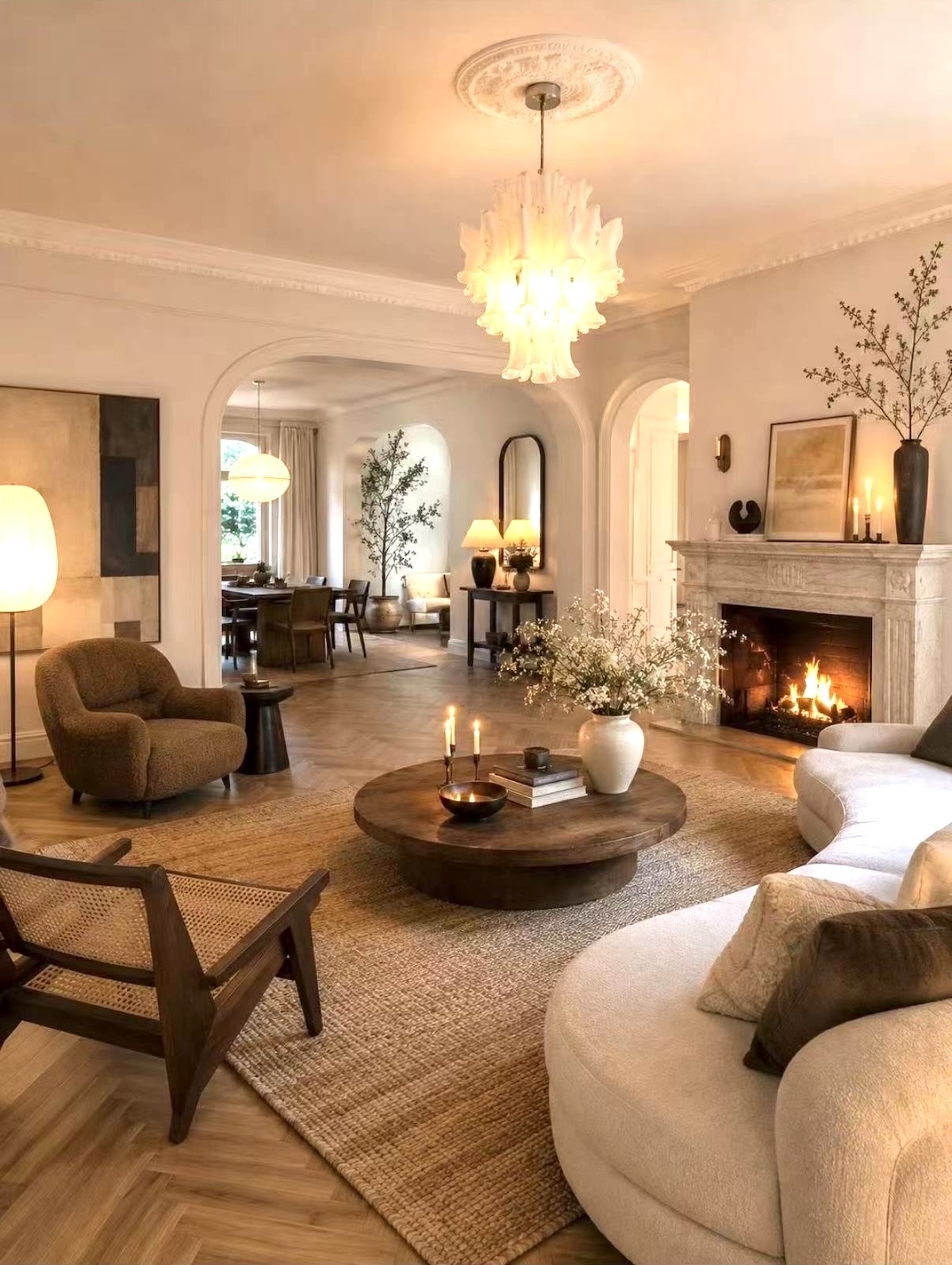 Classic living room with curved sectional and marble fireplace