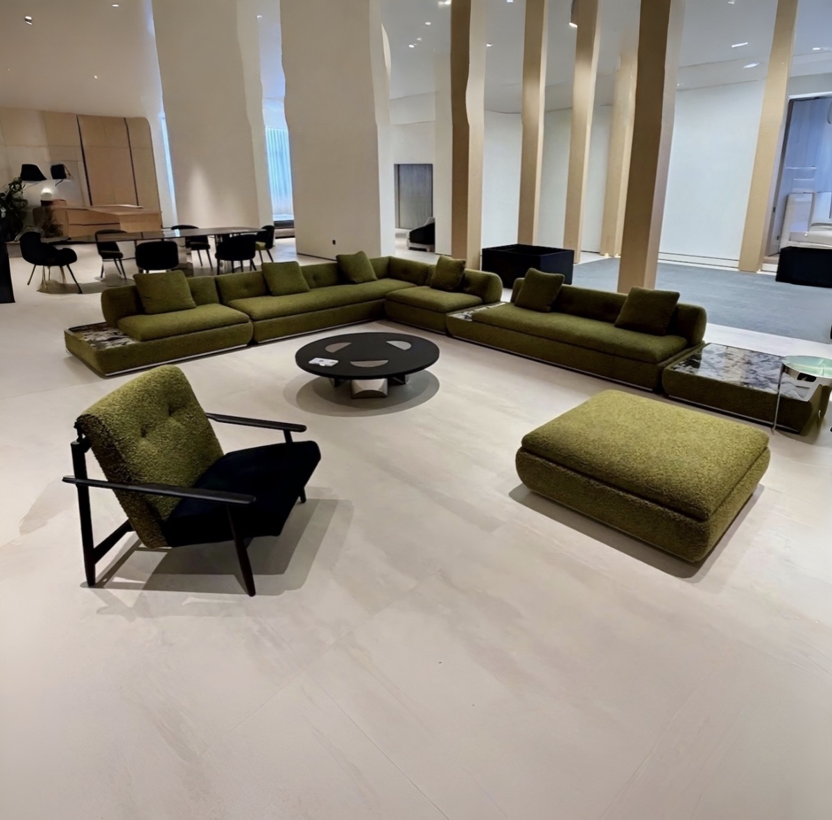 Minotti-inspired modular living room collection in a partner factory showroom