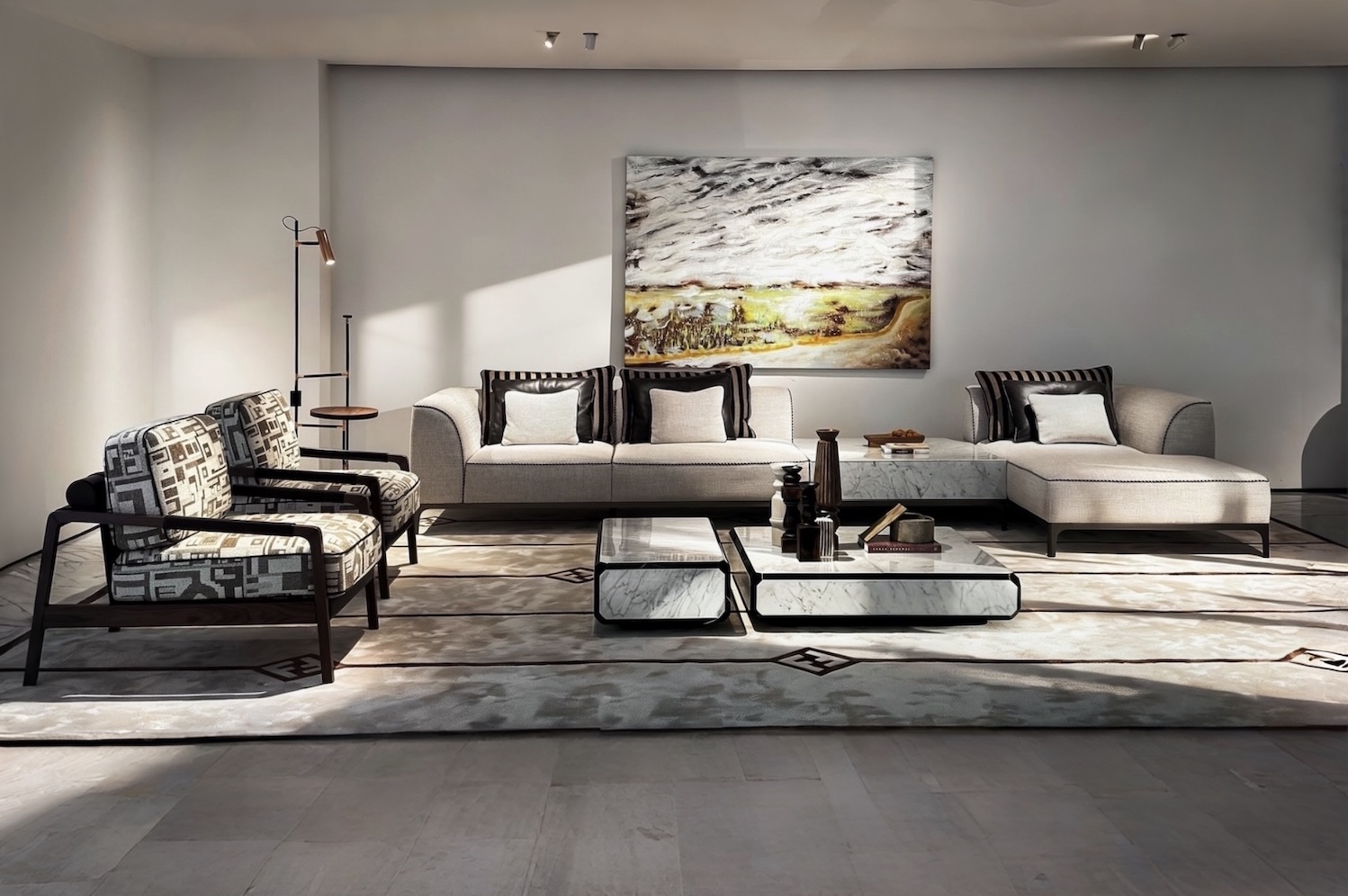 Fendi Casa–inspired living room collection in a partner factory showroom