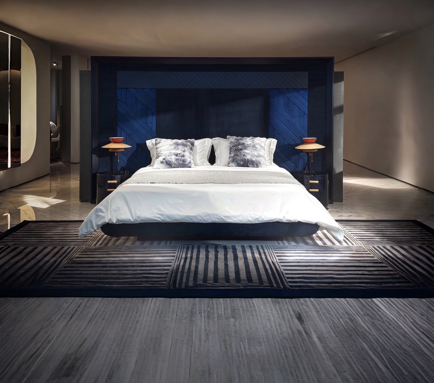 Fendi Casa–inspired bedroom collection in a partner factory showroom